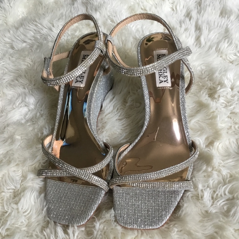Badgley Mischka Silver Crystal-Embellished T-Strap Heels